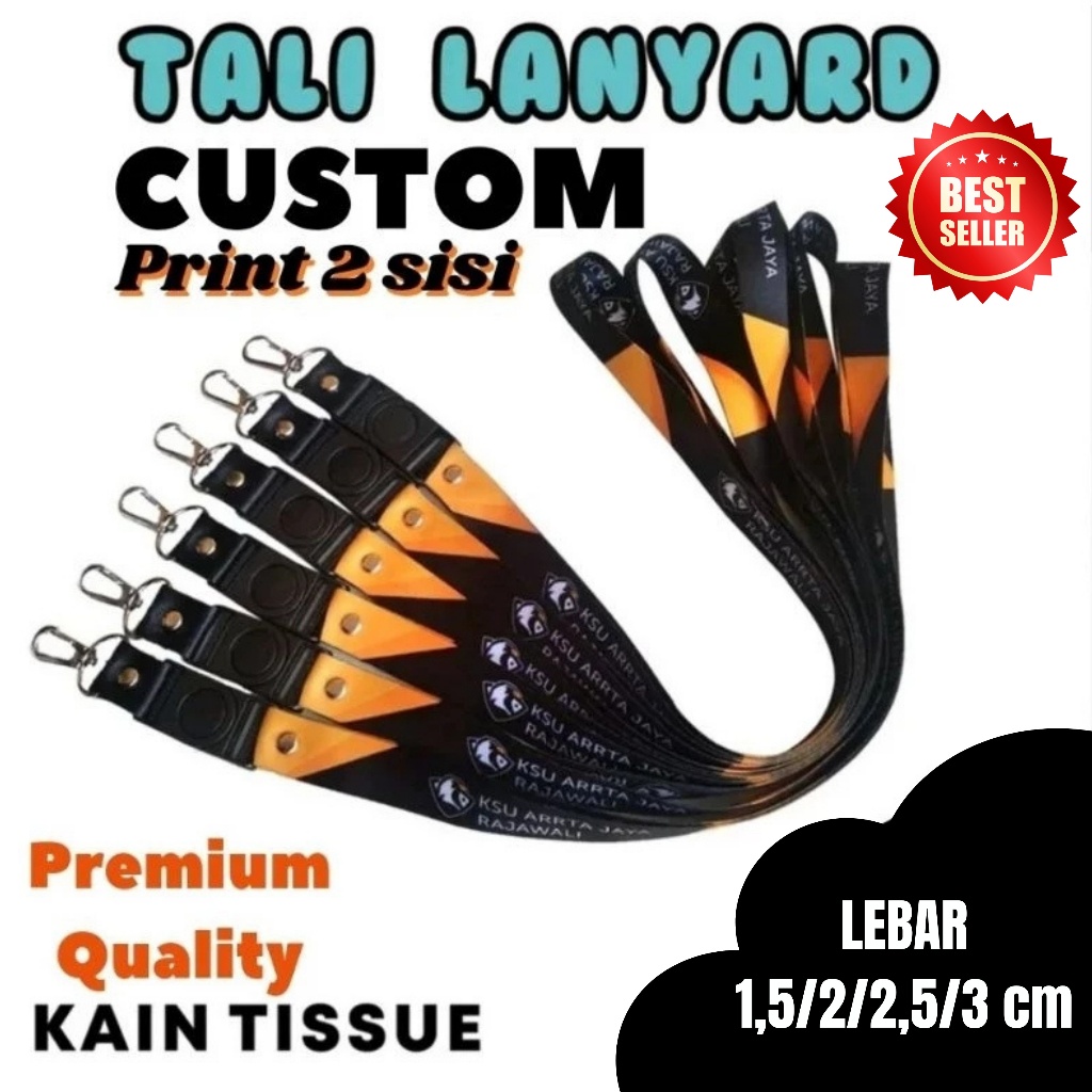 Cetak Lanyard Custom Tali ID Card bahan kain Tissue print 2 sisi full print Lebar 3 cm 2 cm 2,5 cm 1