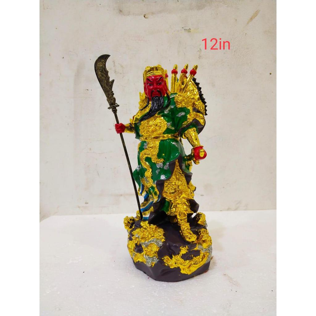 Patung dewa perang Kuan Kong 12 in fiber hijau mas Kwan Te Kong lima 5 bendera diatas naga