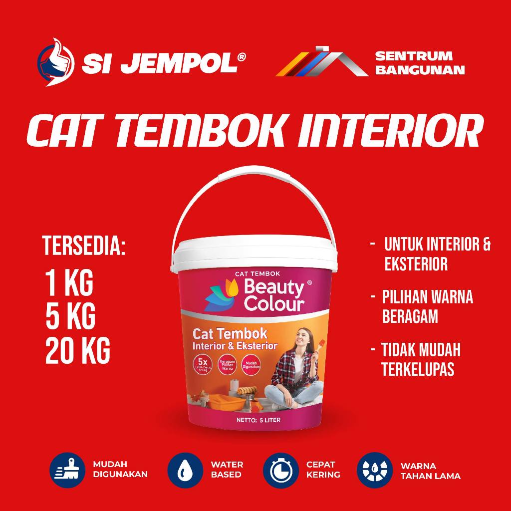 CAT TEMBOK 20 KG INTERIOR EKSTERIOR MERK BEAUTY COLOUR HASIL AKHIR MATTE/DOFF | WARNA STANDART | TOK