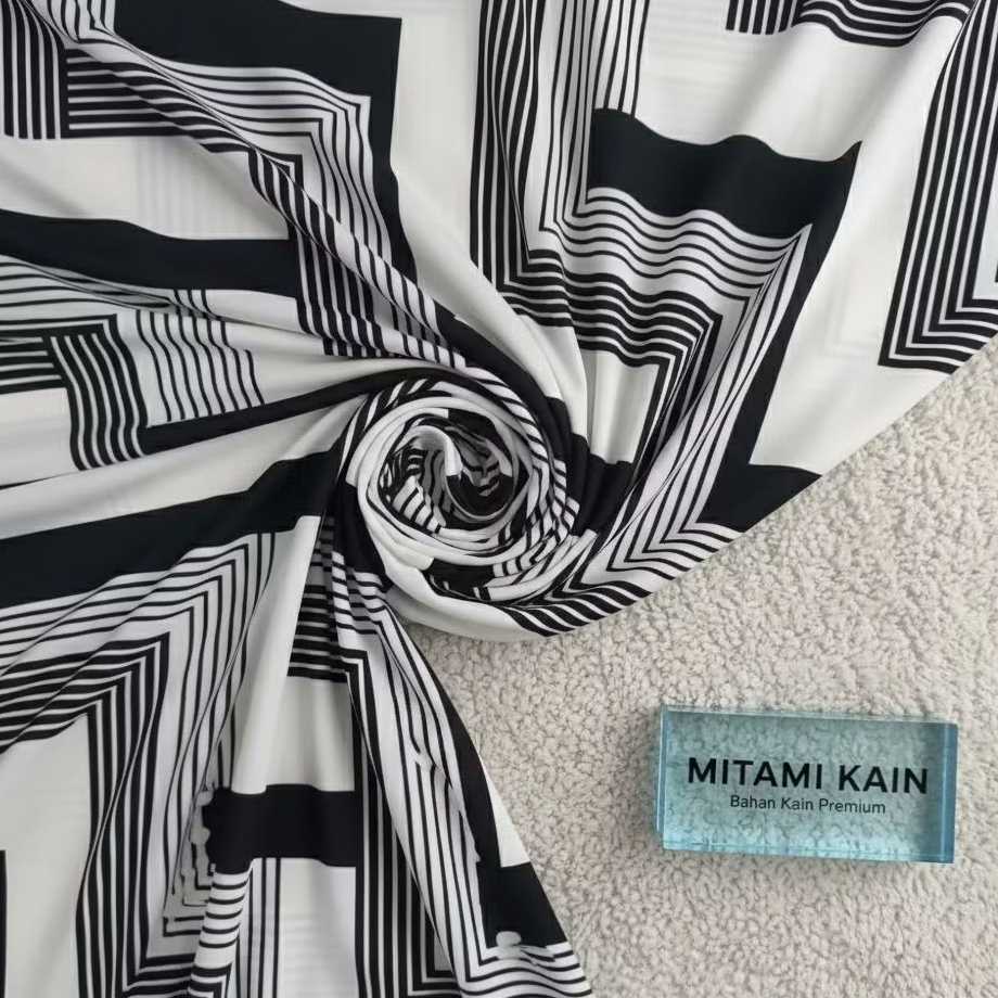 Kain Satin Motif Geometris Garis Hitam Putih Meteran Bahan Baju Dress Kemeja Premium (Harga Kain Per