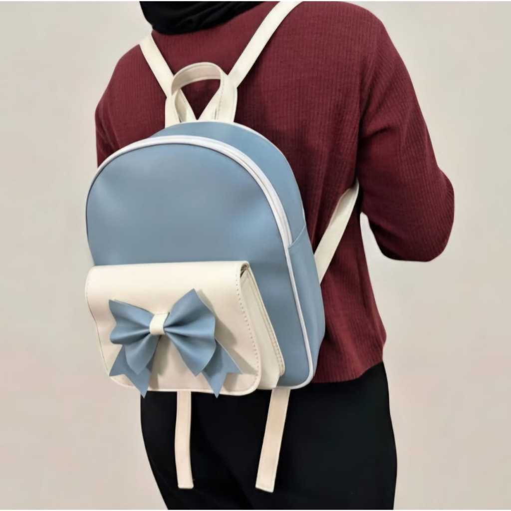 Tas Ransel Wanita Lucu Zevanya Backpack Imut Warna Biru Muda Tas Punggung Wanita Pita Cantik
