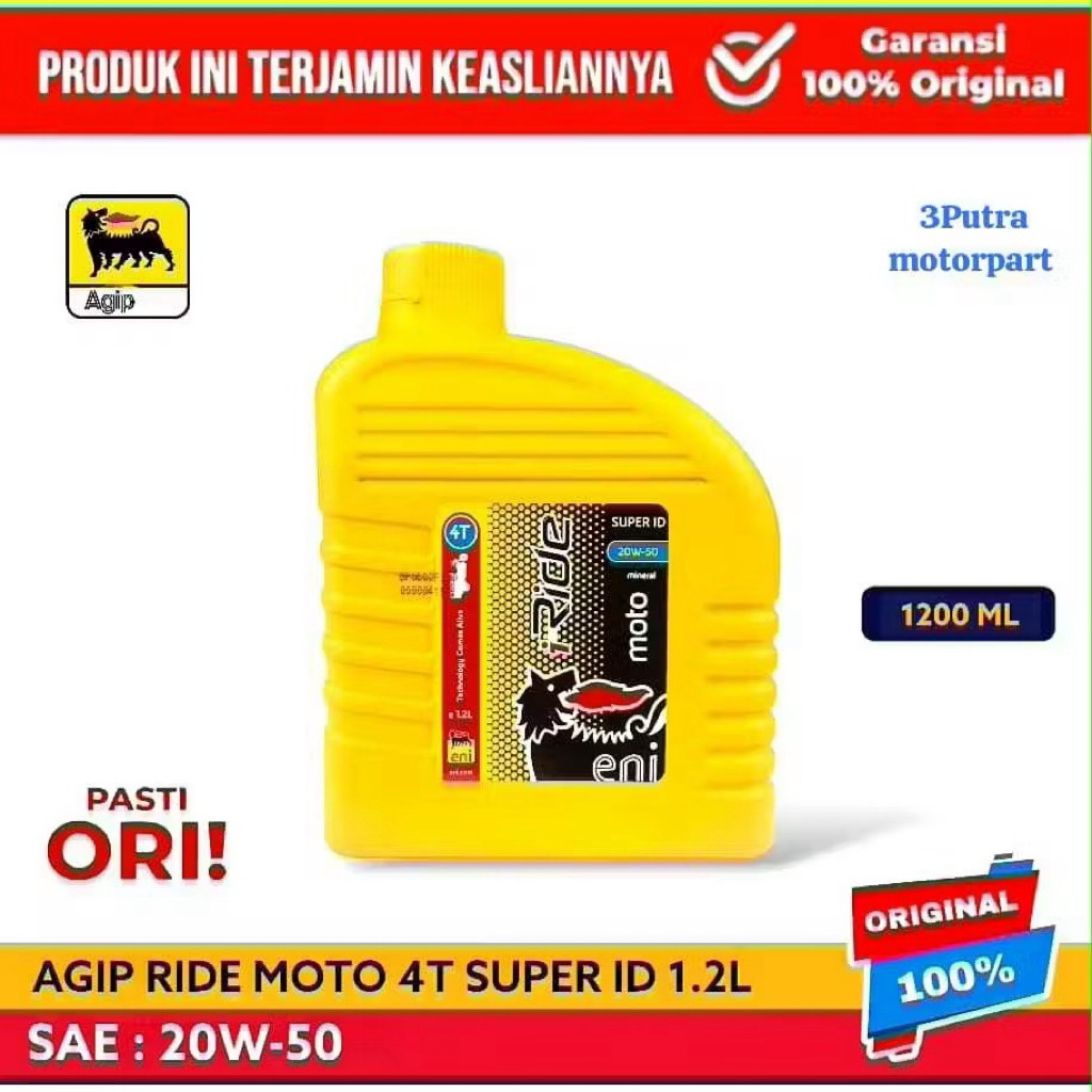 OLI MESIN AGIP RIDE MOTO 4T 1,2L SUPER ID SAE 20W-50 ORIGINAL ASLI 100% VIAR,TOSAA,MOBIL ORIGINAL