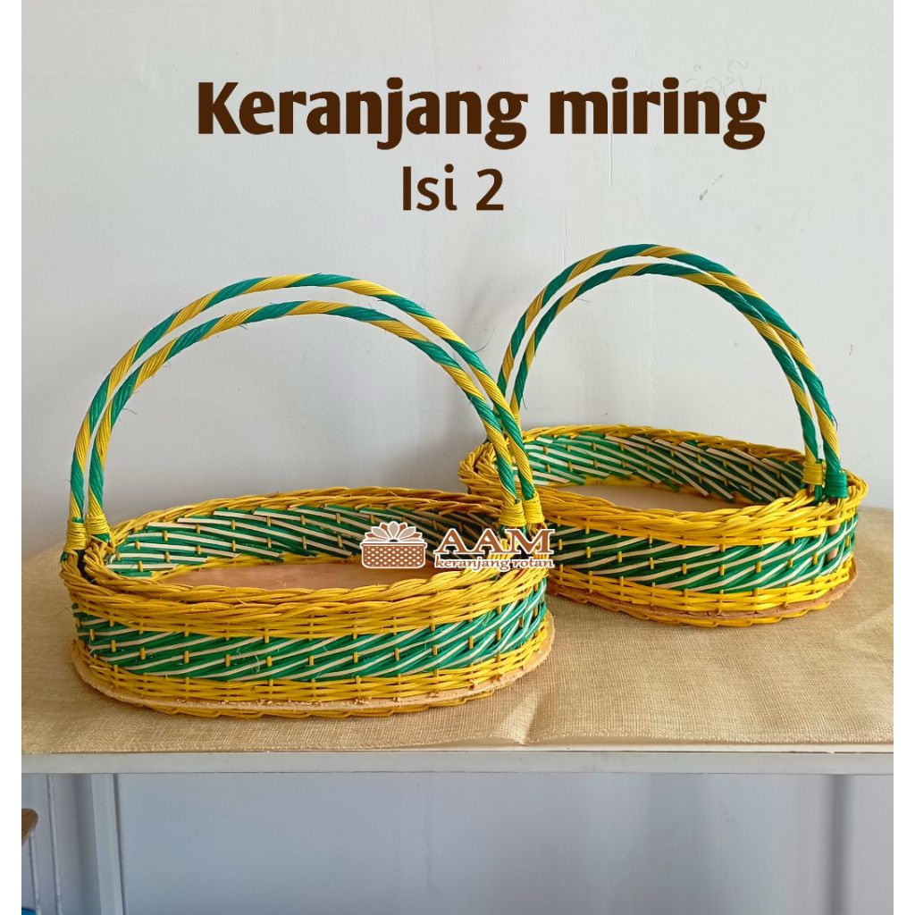 Keranjang Rotan Miring Lebaran Isi 2 - kuning Hijau