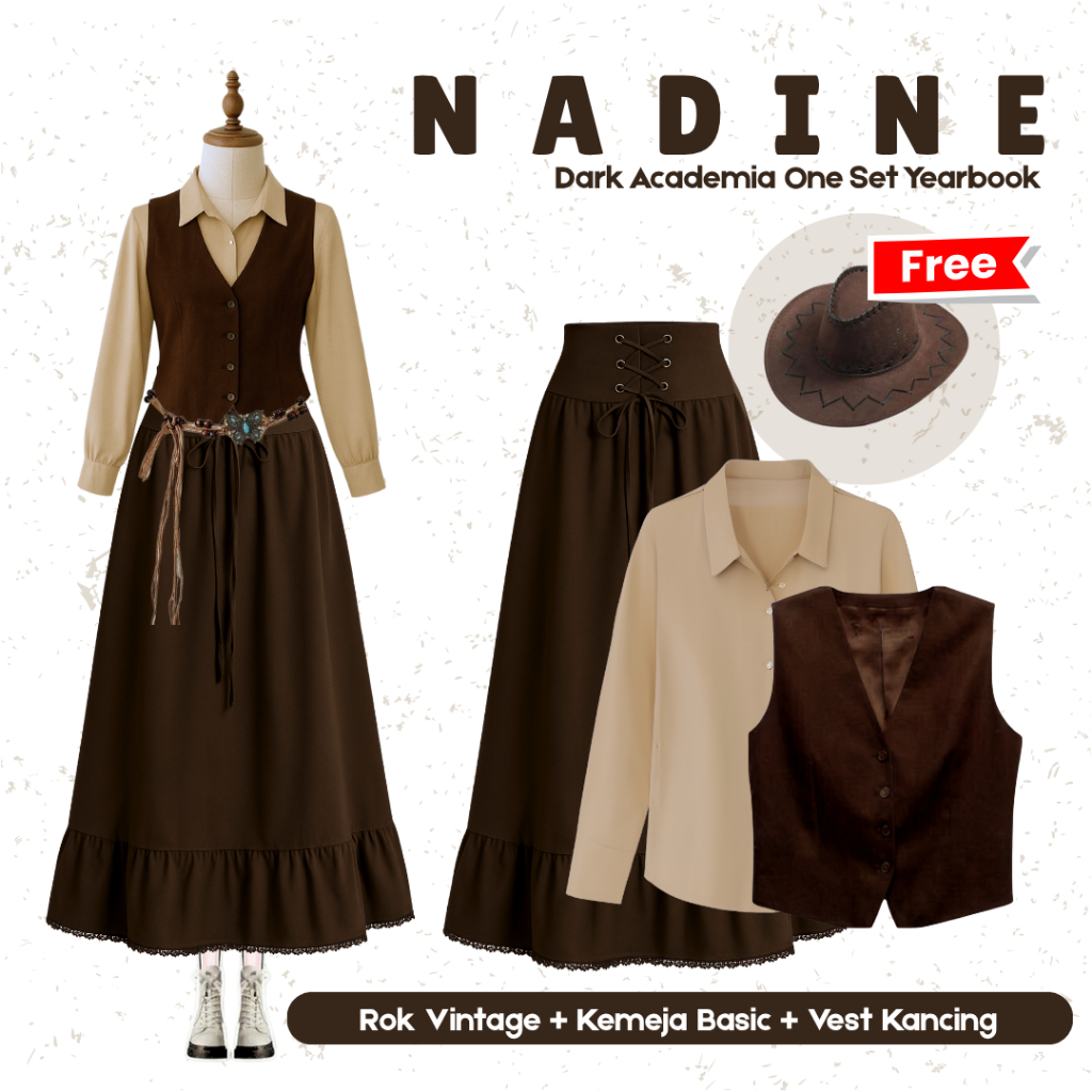 Nadine Dark Academy One Set Yearbook | Setelan Kemeja + Rok Vintage + Vest Kancing + Topi | Chiky041