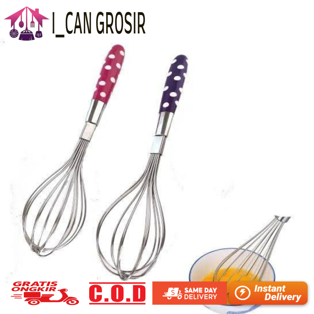 Pengocok Telur Manual/ Pengaduk Adonan Kue Stainless Polkadot