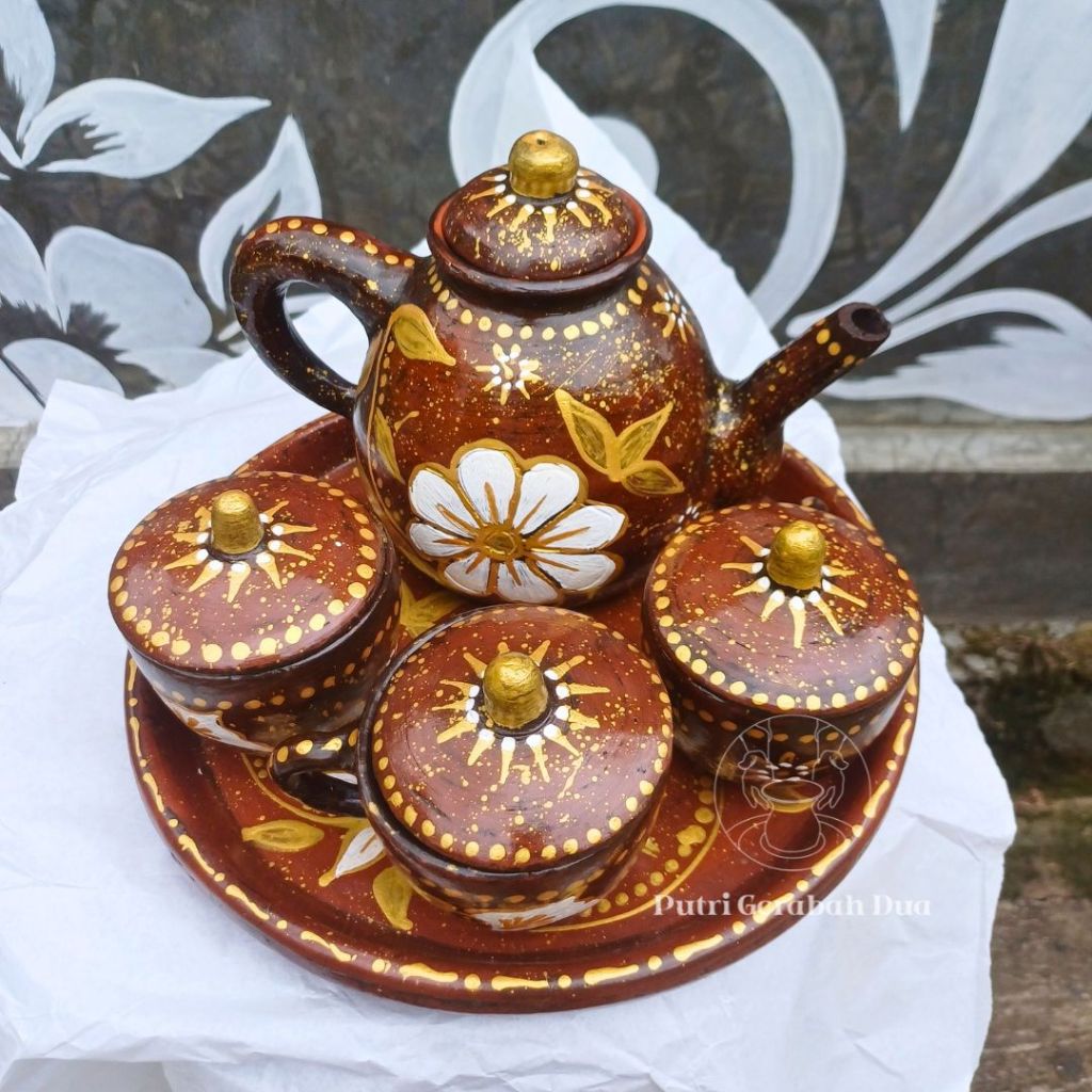 Poci Gerabah Full Batik Motif Bunga / Poci Tanah Liat / Poci Motif Batik / Teko Tanah Liat