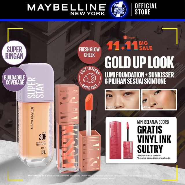MAYBELLINE OFFICIAL Gold Up Bundle Superstay Lumi Matte Liquid Foundation + Sunkisser Liquid Blush H