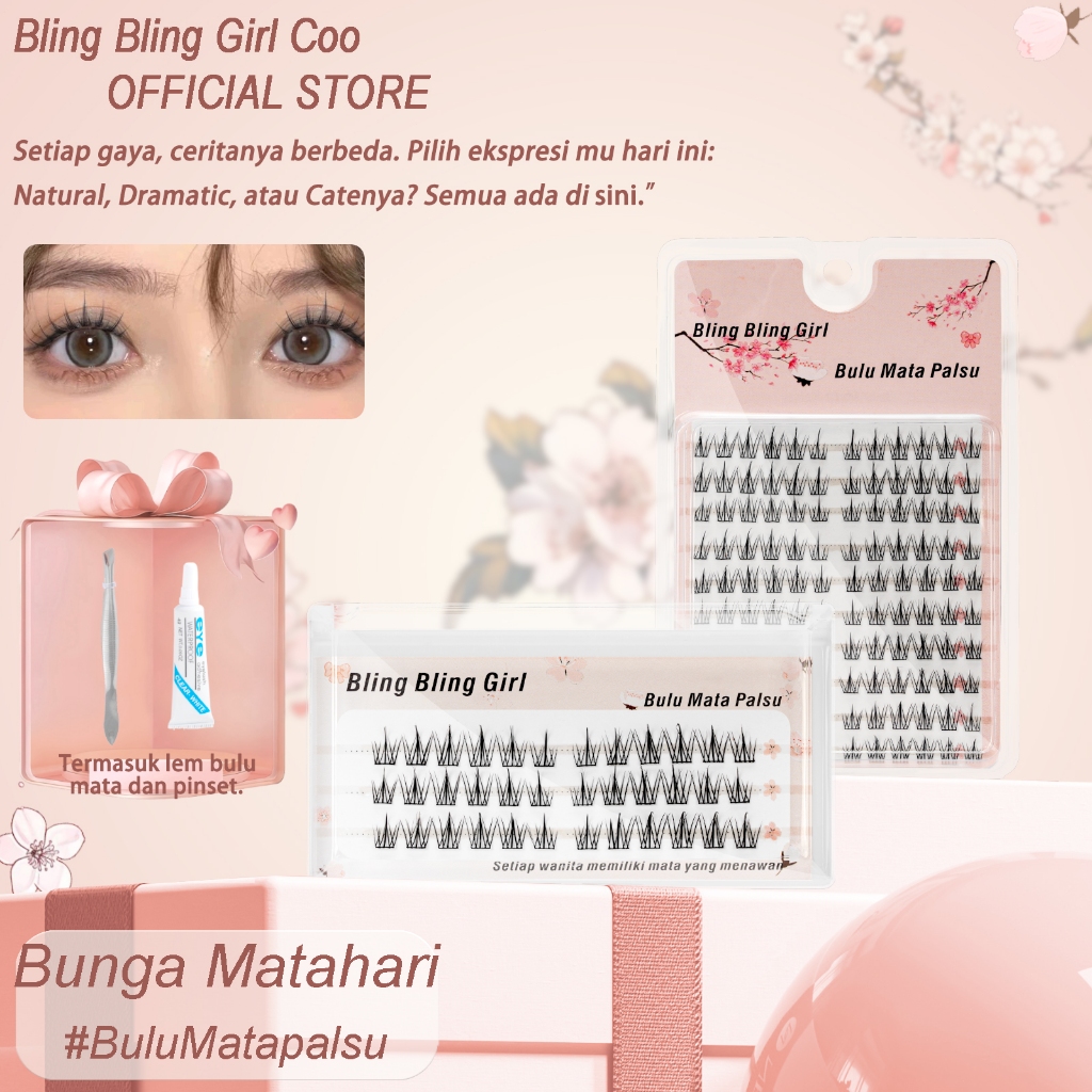 Bling Bling Girl Bunga Matahari Bulu Mata Palsu Natural Mink 3 Baris 30 klaster