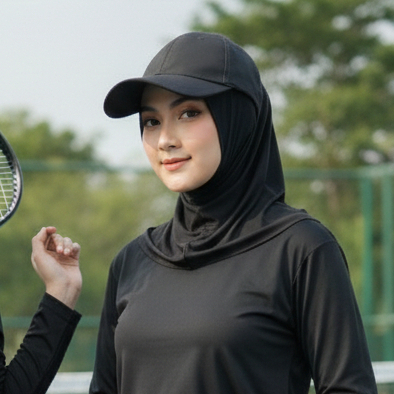 Hijab Sport Instant Wanita  Warna Hitam Kerudung Bergo Lari Renang Padel Running Bergo Olahraga