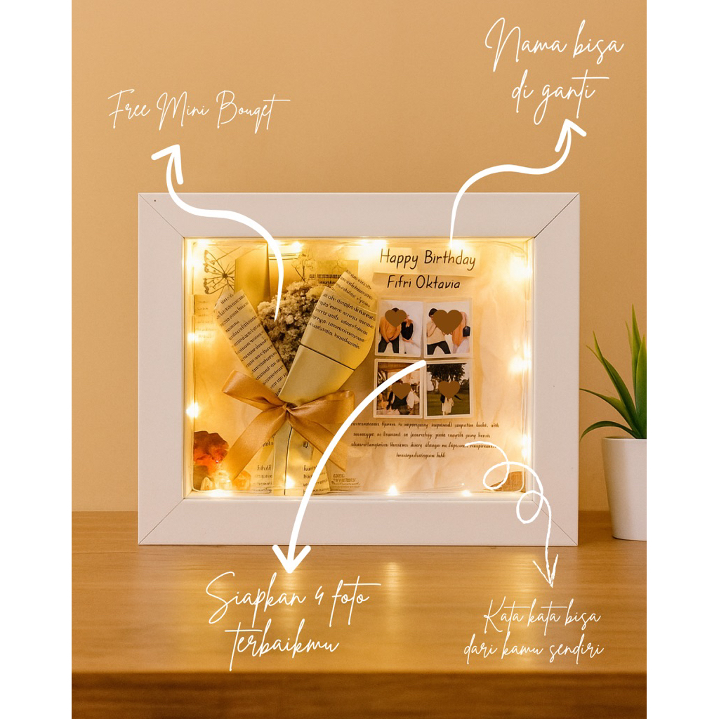 Bingkai Foto 3D 6R + Mini Bouquet / Kado Estetik / Hadiah Ulang Tahun / Custom Nama & Kata-Kata / Gi