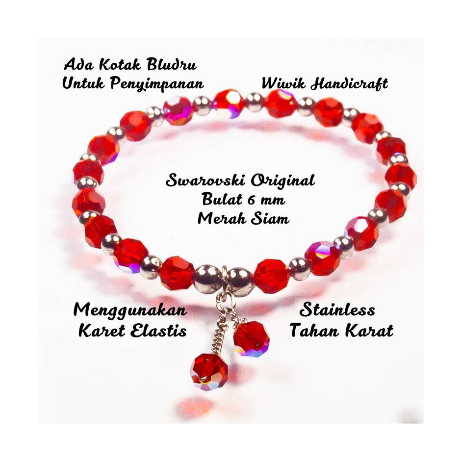 Gelang Tangan Wanita Swarovski Original Kristal Merah Siam Bulat 6 mm Kado Hadiah Terbaru