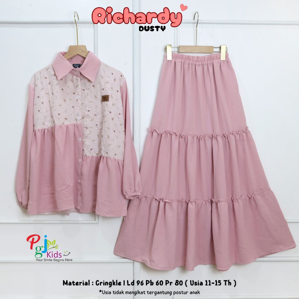 PGJ Kids - Setelan New Richardy Set Rok Baju Anak Remaja 10-15 tahun Atasan Blouse Renda + Rok Butto