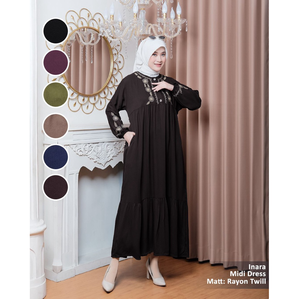 Midi Dress Rayon Twill Bordir Premium Adem | Midi Dress Twill Bordir Kekinian Bahan Tebal & Nyaman