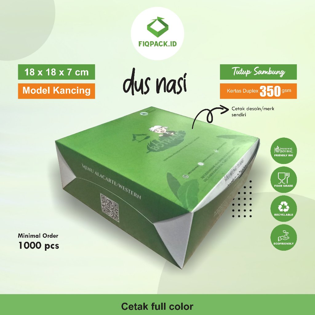 Cetak Custom Dus / Kotak Nasi Ukuran 18 x 18 x 7 cm (tutup nyambung) Full Color