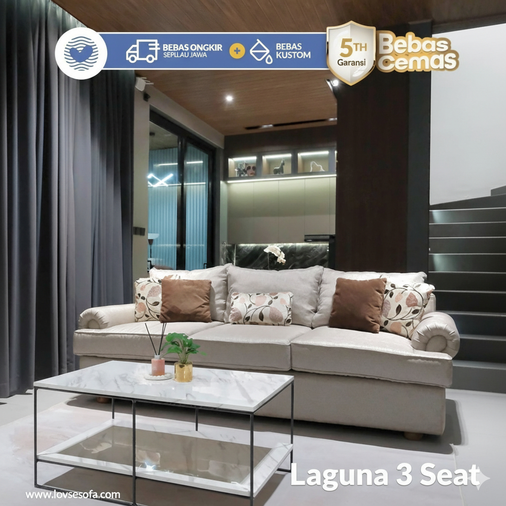 LOVISE Sofa 3 Seat Laguna - Dudukan 3 Seater Elegan dengan Rangka Kayu Solid Kokoh