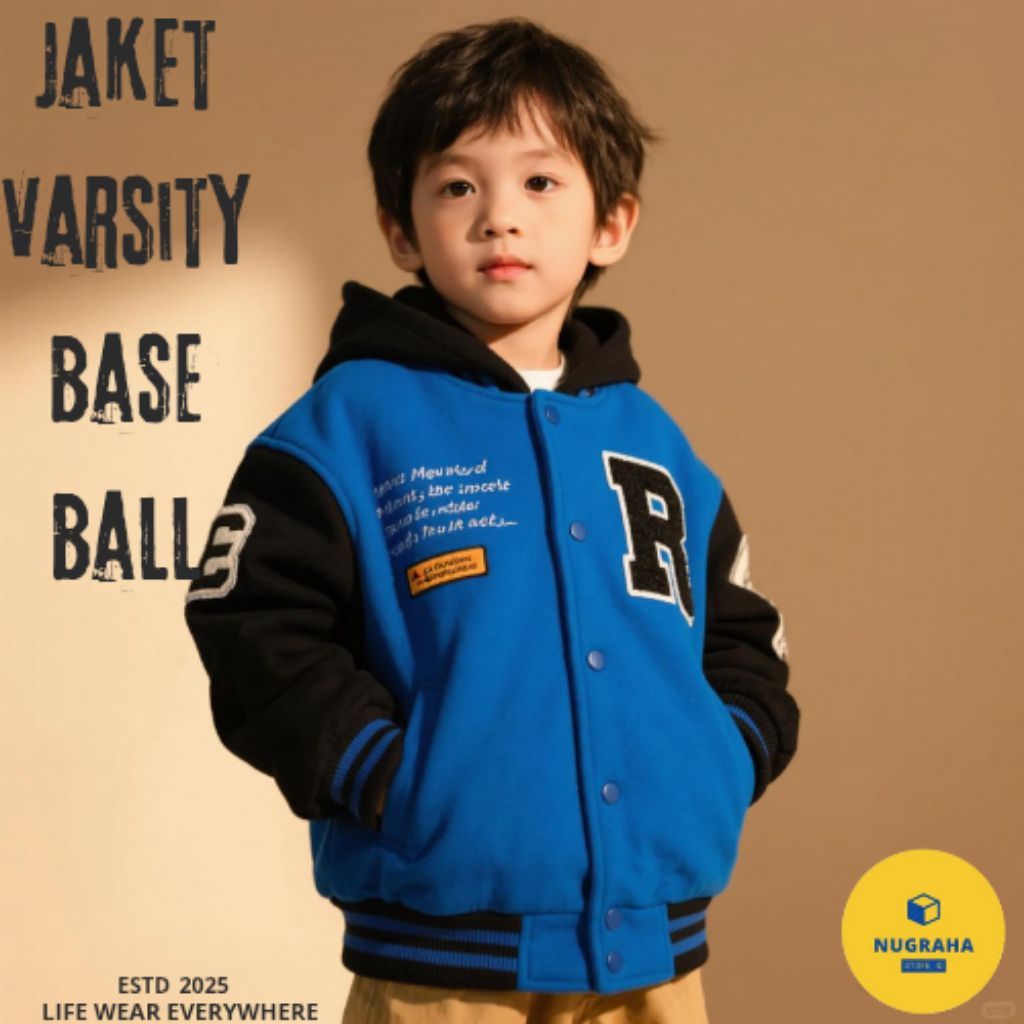 JEKET SWEATER BASEBALL ANAK VARSITY BAHAN TEBAL USIA 2-13 TAHUN SABLON BORDIR