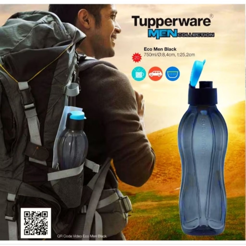 Tupperware eco men black 750ml tutup flip ecer 1pcs botol minum