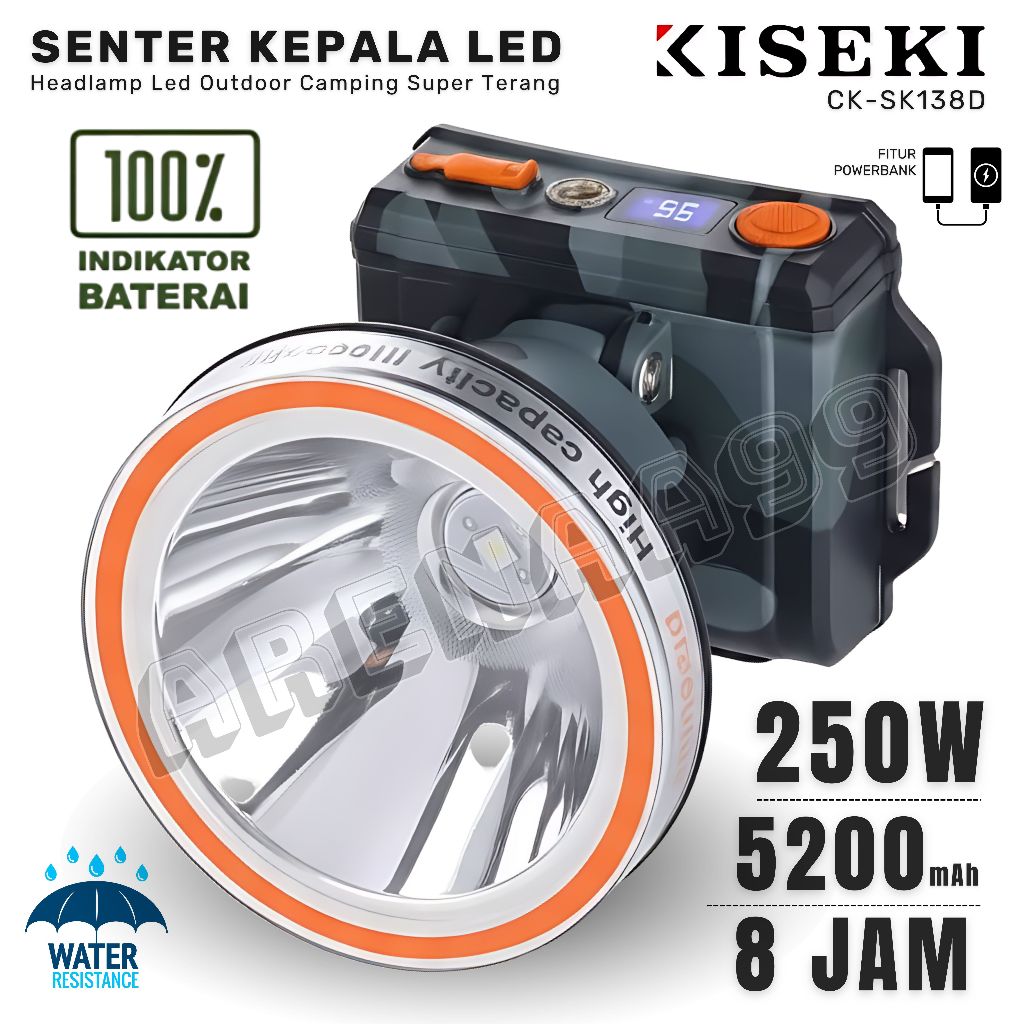 KISEKI Senter kepala 250W CK-SK288D - Headlamp LED Camping Super Terang - baterai Lithium 5200mAh - 