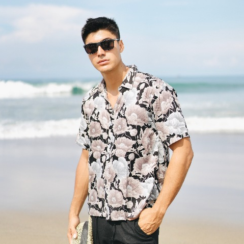 BEACHWELL Baju Kemeja Pantai Pria Oversized Lengan Pendek Rayon Viscose Motif Flowers Taro Nyaman Be