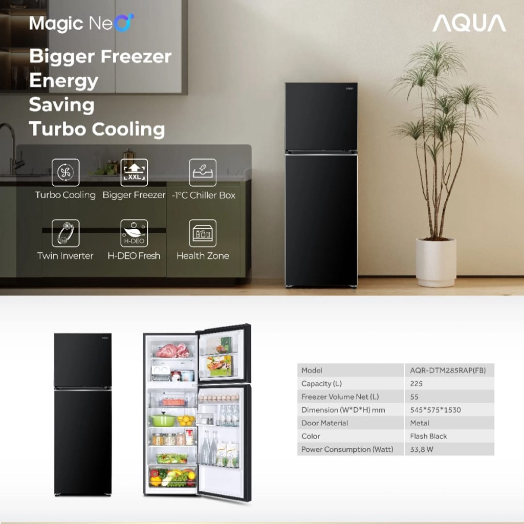 AQUA Kulkas 2 Pintu AQR-DTM265RAP / AQR-DTM285RAP Inverter Tempered Glass Kulkas Aqua 2 Pintu Kaca