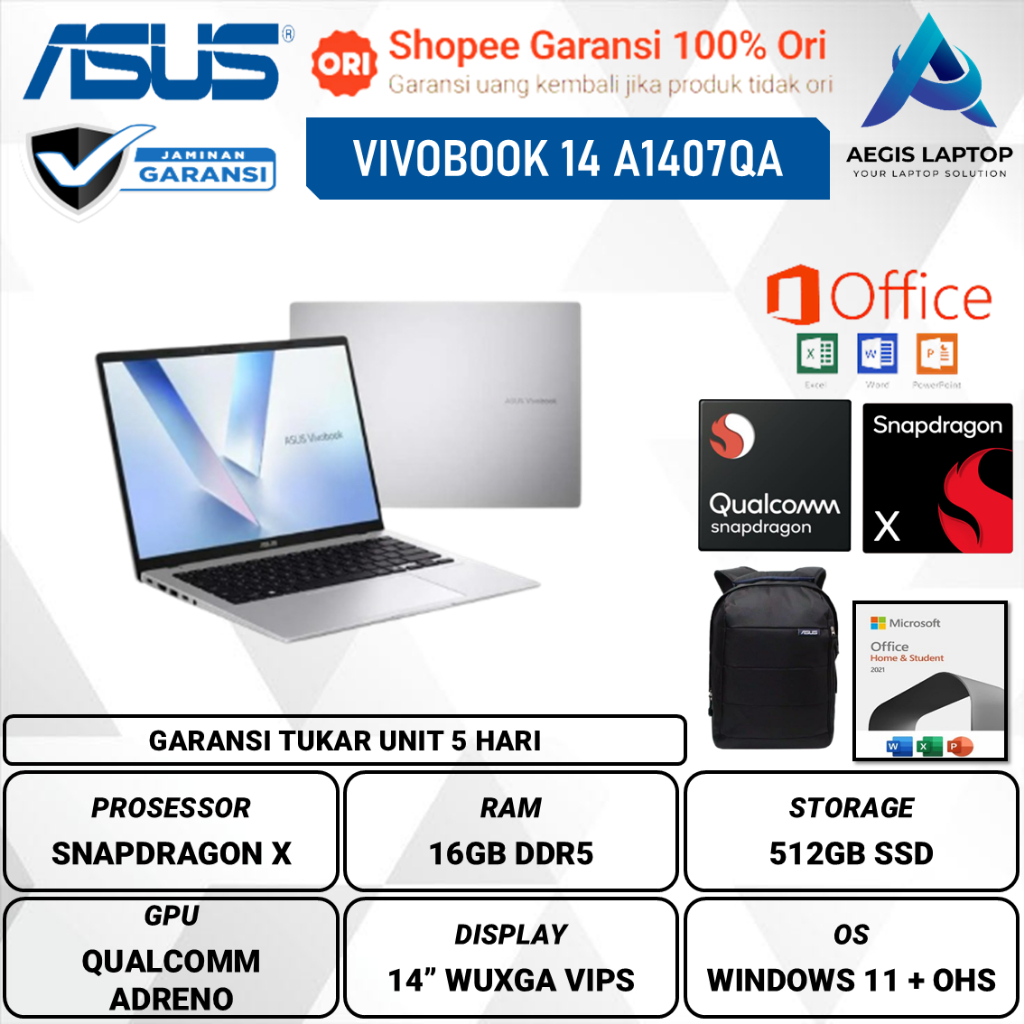 ASUS Vivobook 14 A1407QA Snapdragon X1 26100 16GB RAM 512GB SSD Adreno 14" WUXGA IPS Laptop