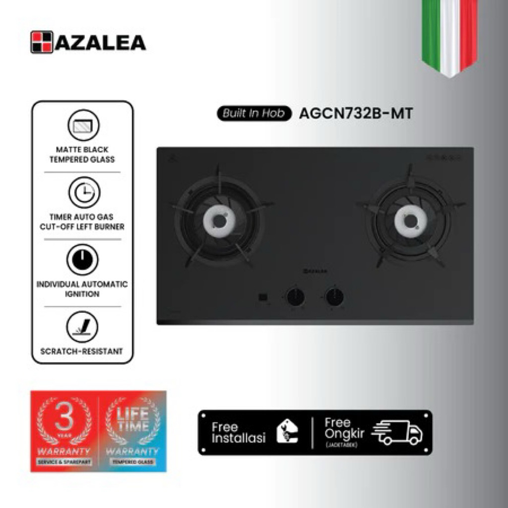 AZALEA AGCN733B MATTE BLACK KOMPOR GAS TANAM 3 TUNGKU MEWAH ANTI PECAH DAN ANTI KARAT SNI FREE PASAN