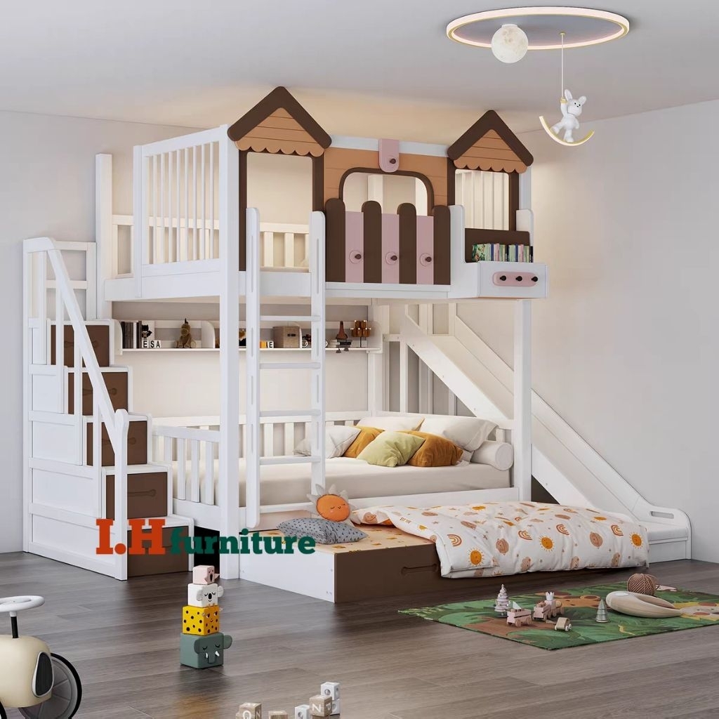Tempat tidur anak motif rumah , rangka tempat tidur anak tingkat murah , ranjang susun anak prosotan