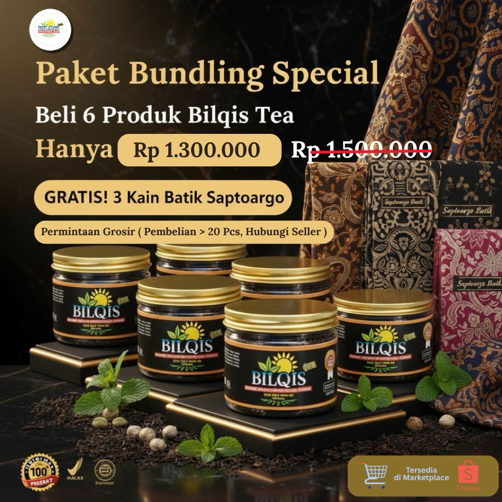 BILQIS TEA - Paket Bundling Beli 6 Free 3 Kain Batik - Teh Hitam & Teh Putih Premium Untuk Menjaga K