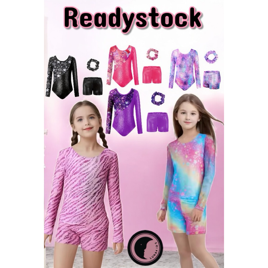Baju Gymnastic Leotard Anak Baju Senam Anak Leotard Gymnastic Set Celana Dan ikat Rambut READYSTOCK