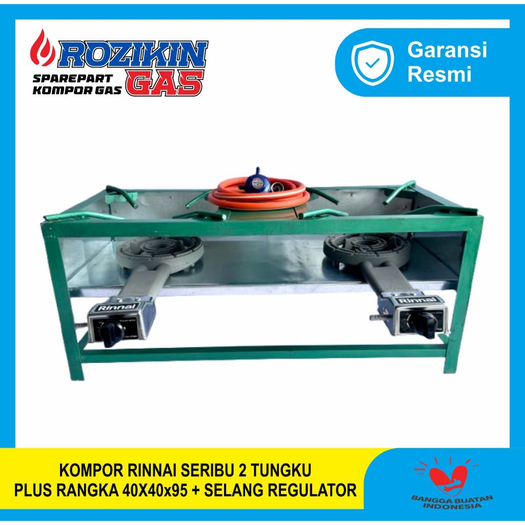 1Set Kompor Rinnai Sumbu Seribu 2 Tungku Meja T 40 cm L 40 cm P 95 cm Besi Siku + Selang Regulator