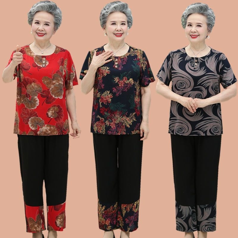 Setelan Musim Panas Wanita Lansia - Bahan Katun Rayon, Set 2 Piece Baju Atasan dan Celana