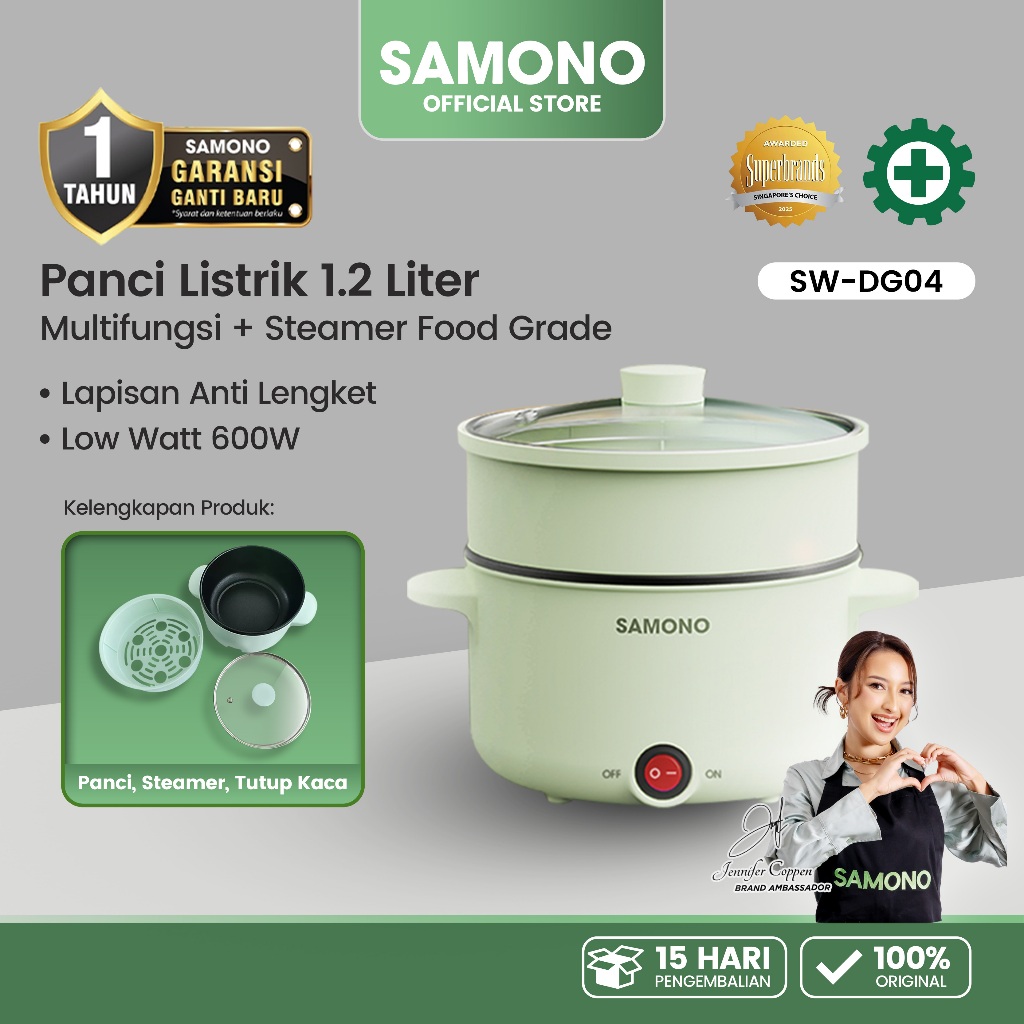 SAMONO Panci Listrik 1.2L Hijau Anti Lengket Teflon Anti Lengket 600W Irit & Cepat Panas Masak Rebus