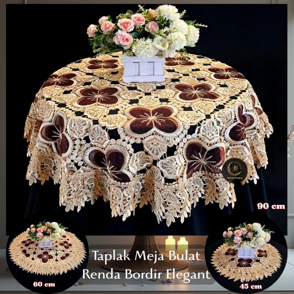 Taplak Meja Bulat Kecil 40 50 60 90 cm Shabby Chic Mewah Bordir Gold Emas Minimalis