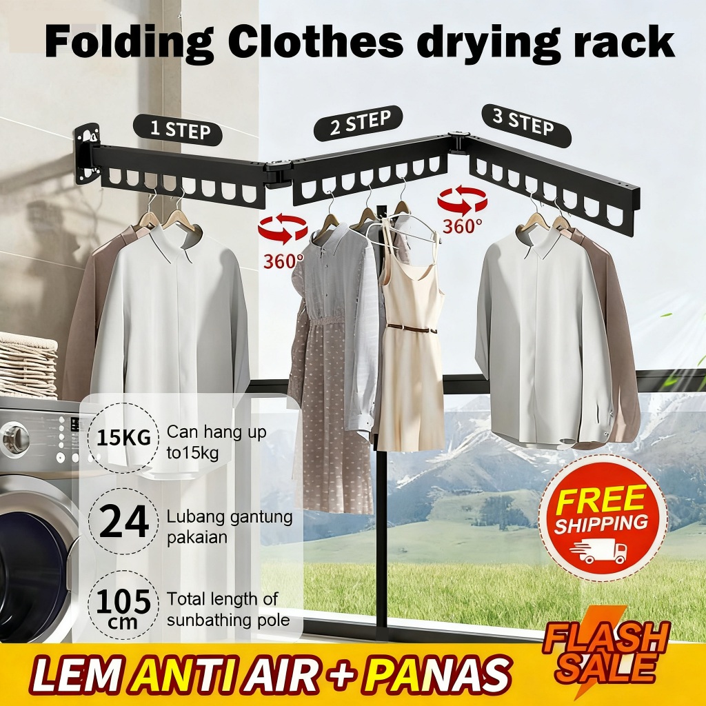 RAK JEMURAN DINDING LIPAT Heavy Duty - Teleskopik Rotate 360, Anti Karat, Lengkap Baut