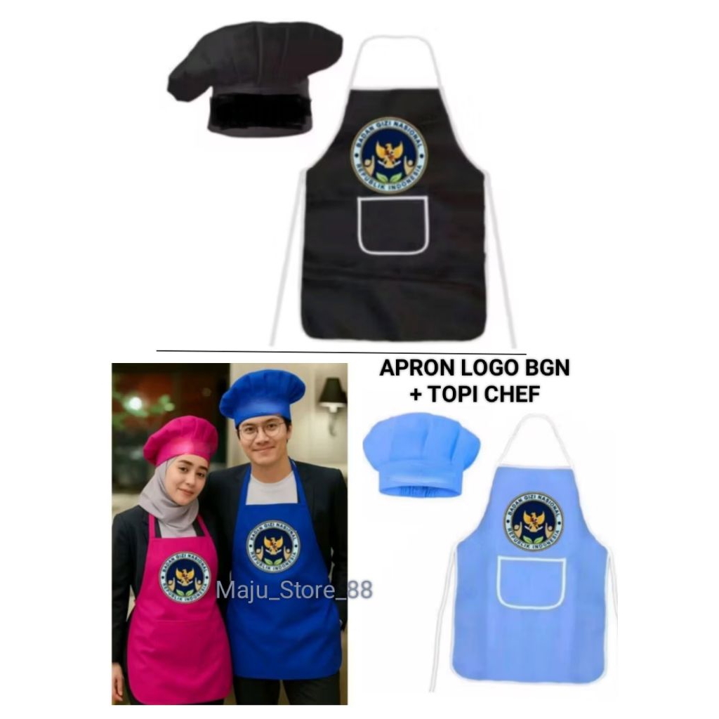 Topi Chef Dewasa + apron Logo BGN/ Bahan Kain SAB Celemek + Topi Chaf