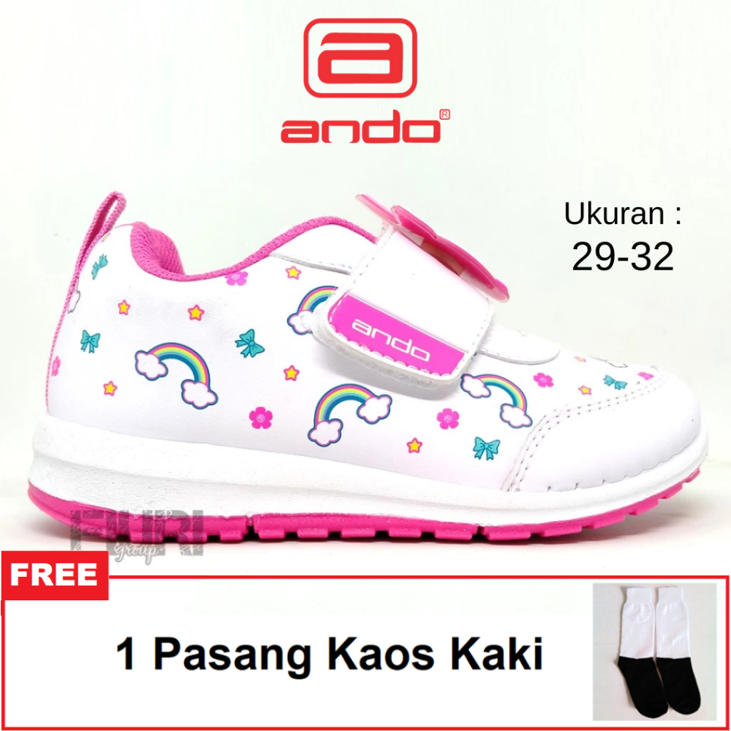 ANDO ORIGINAL -  ELINA PEREKAT 29-32 PUTIH PINK - SEPATU SNEAKERS KANVAS SOL KARET ANAK KECIL PEREMP