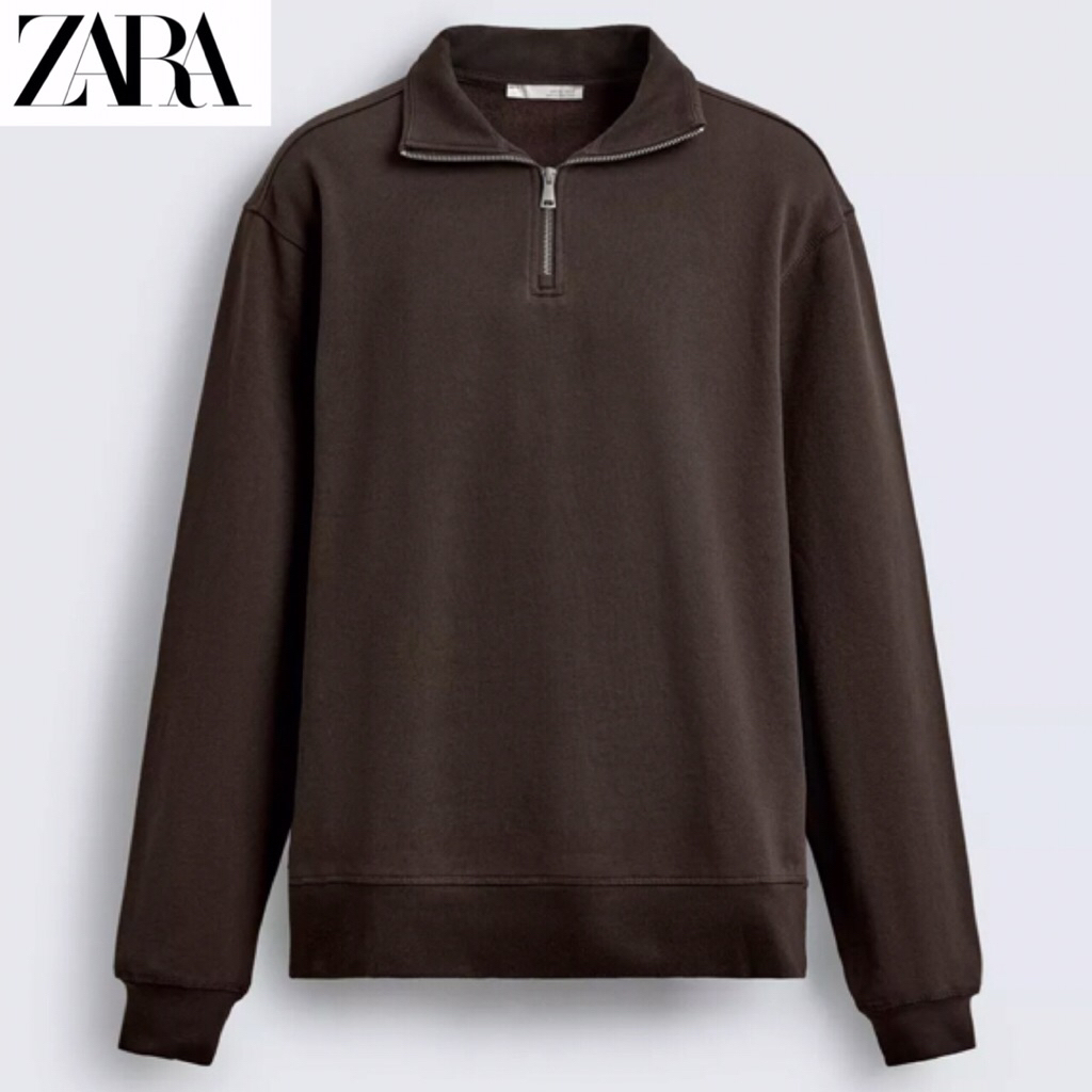 ZARA Men Sweatshirt Quarter Zip Sweater Pria Brown