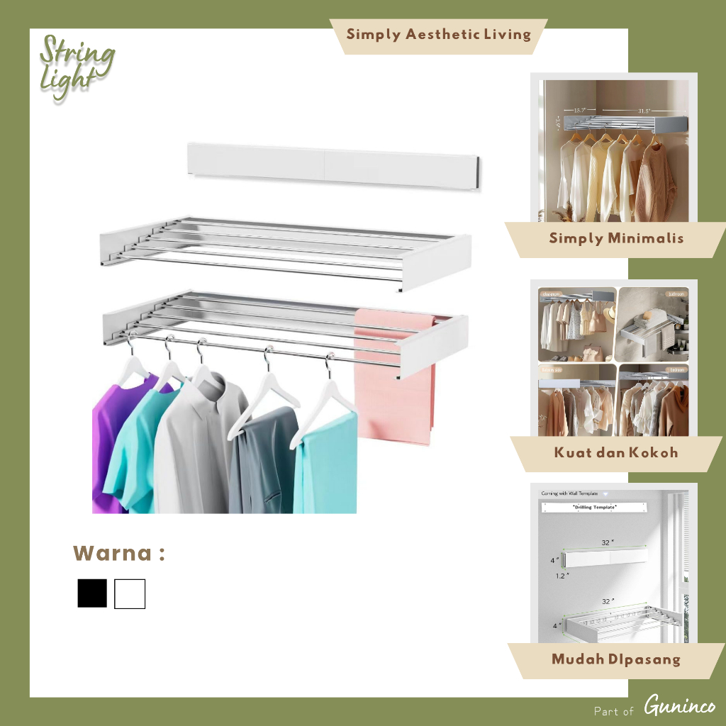 SL Jemuran Lipat Ukuran 80cm & 100cm / Hitam Putih Jemuran Lipat Tempel Dinding Buka Tutup