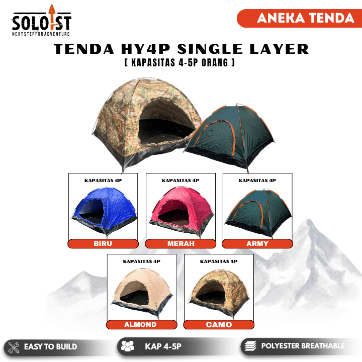 Tenda Camping Gunung HY Monodome Waterproof Single Layer 4P Tent Outdoor Frame Fiber