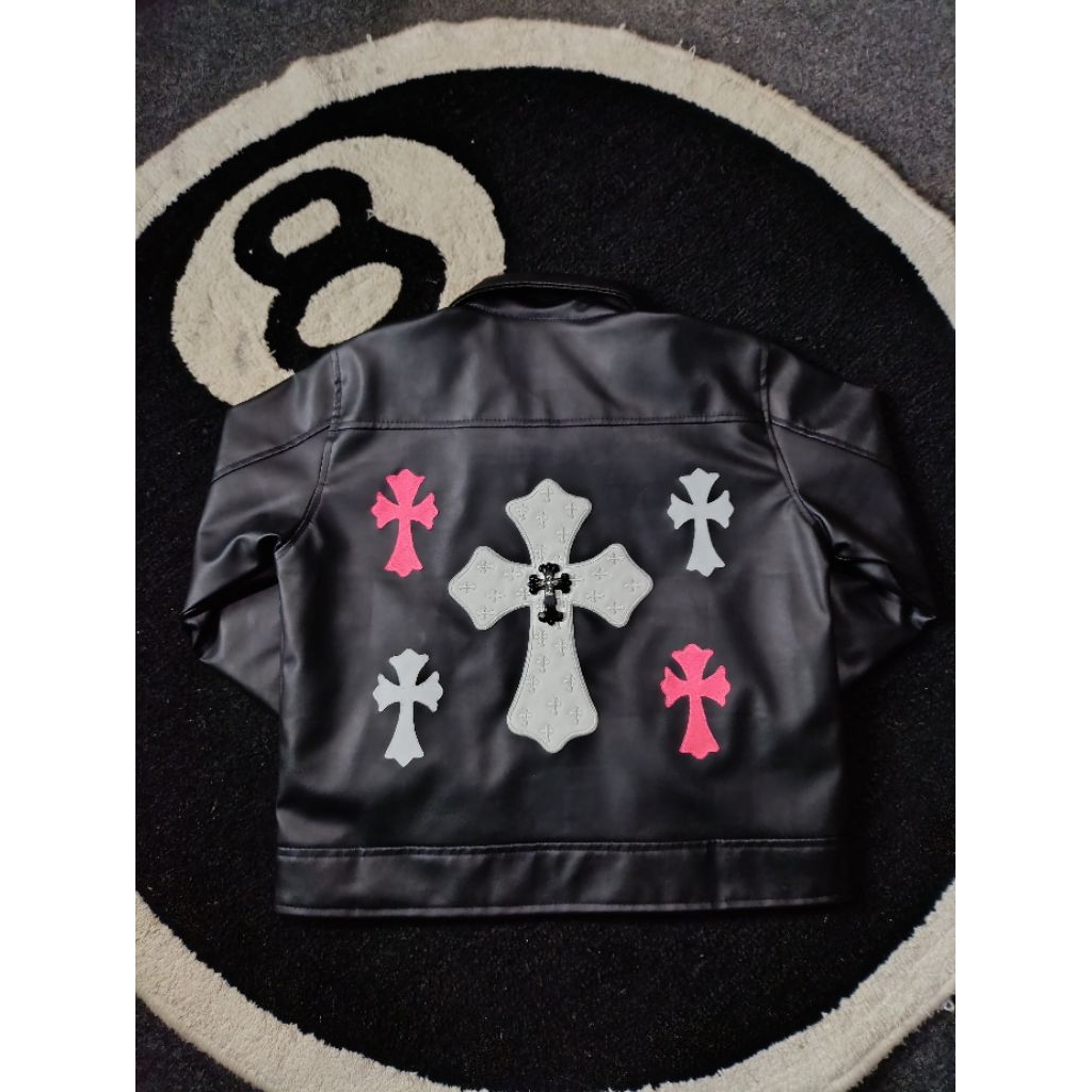 Leather jacket chrome hearts boxy pink white