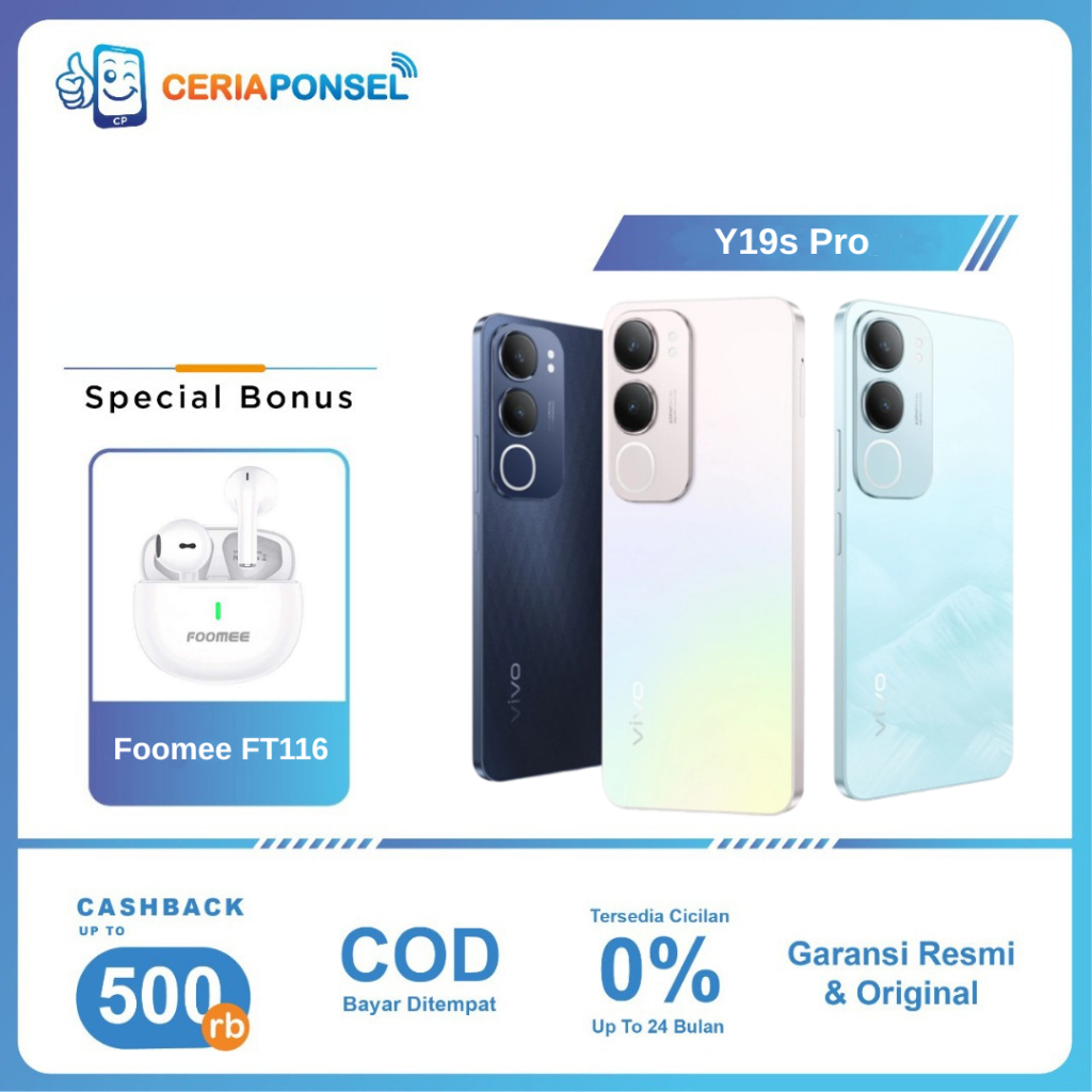 VIVO Y19s Pro 4/64GB, 4/128GB & 6/128GB Unisoc T612 50MP 6000 mAh 44W | Garansi Resmi VIVO 1 Tahun