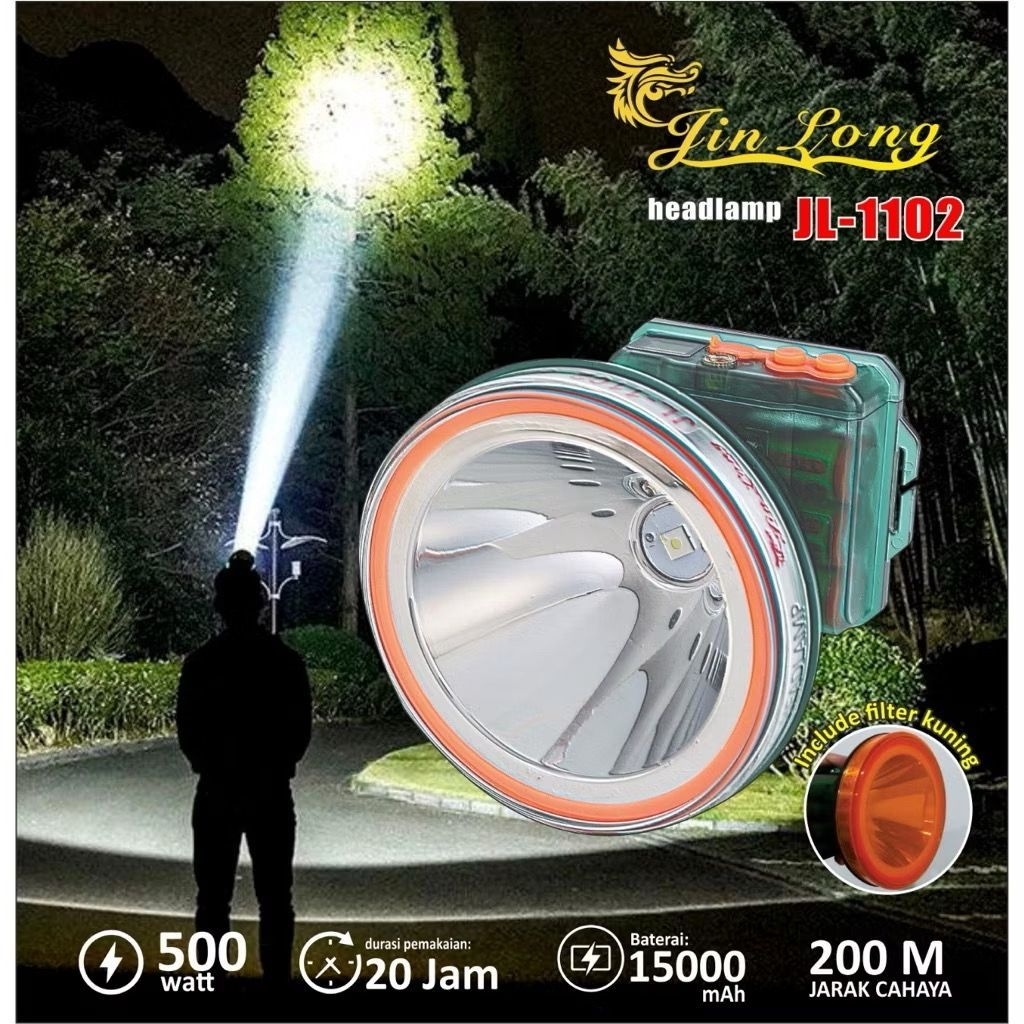 Senter Kepala / Headlamp Jinlong JL 1102 waterproof / Tahan air 500 watt super terang Baterai 15000m