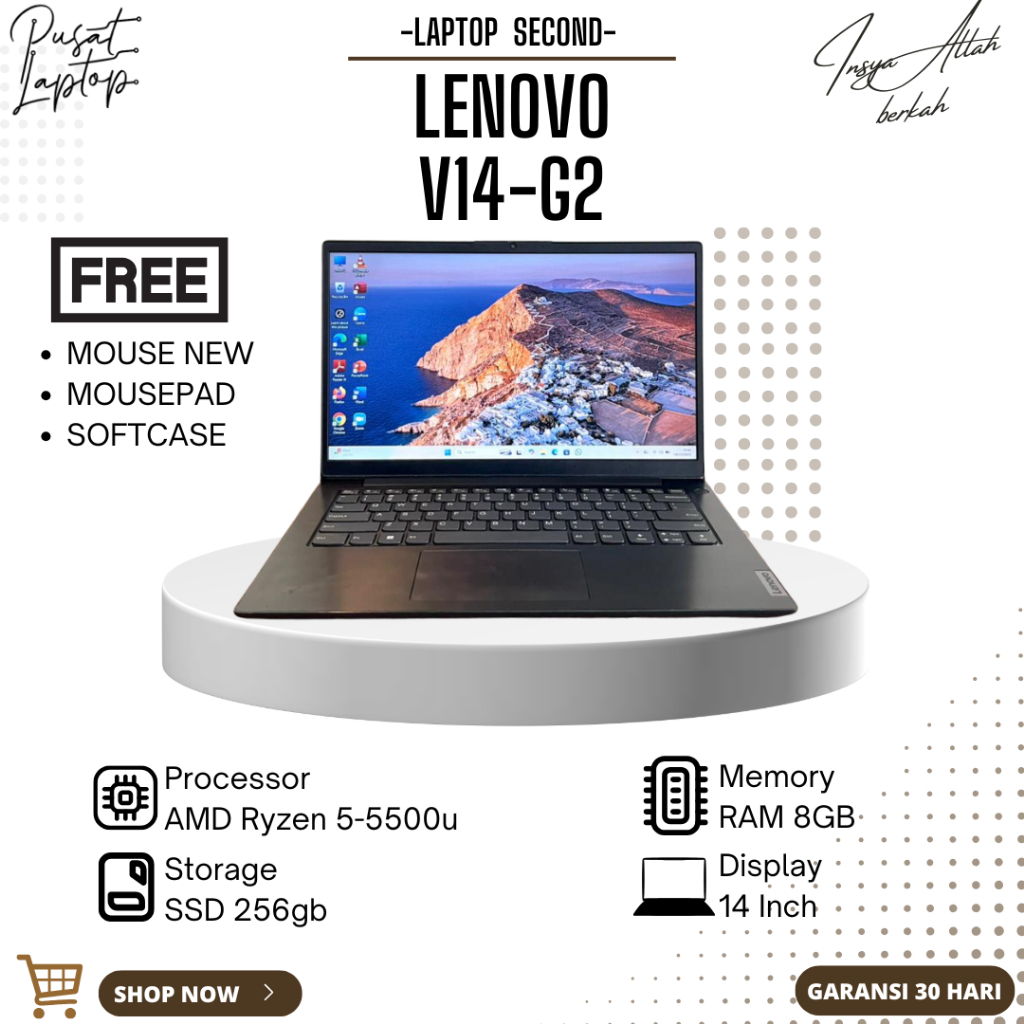 LAPTOP LENOVO V14-G2 SECOND | AMD RYZEN 5-5500U | RAM 8GB | SSD 256GB | 14 INCH| NORMAL | BERGARANSI