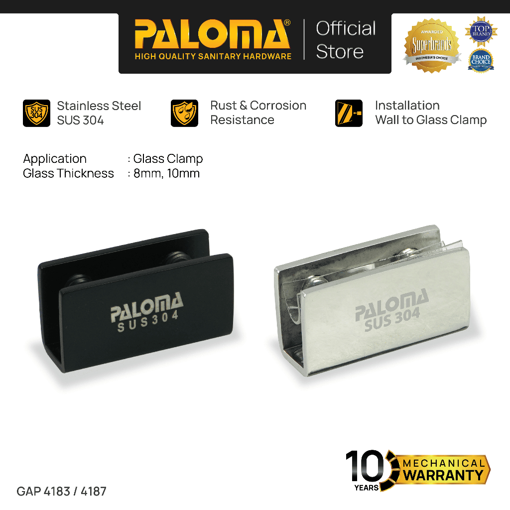 PALOMA Glass Clip Klem Penjepit Pintu Kaca Kamar Mandi Jepit Partisi Box Kaca ke Dinding Glass to Wa