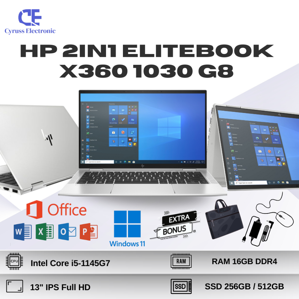 Laptop 2in1 HP Elitebook 1030 G8 Intel Core i5 Gen 11 RAM 16GB SSD 1TB 13" IPS Lipat 360 [Second]