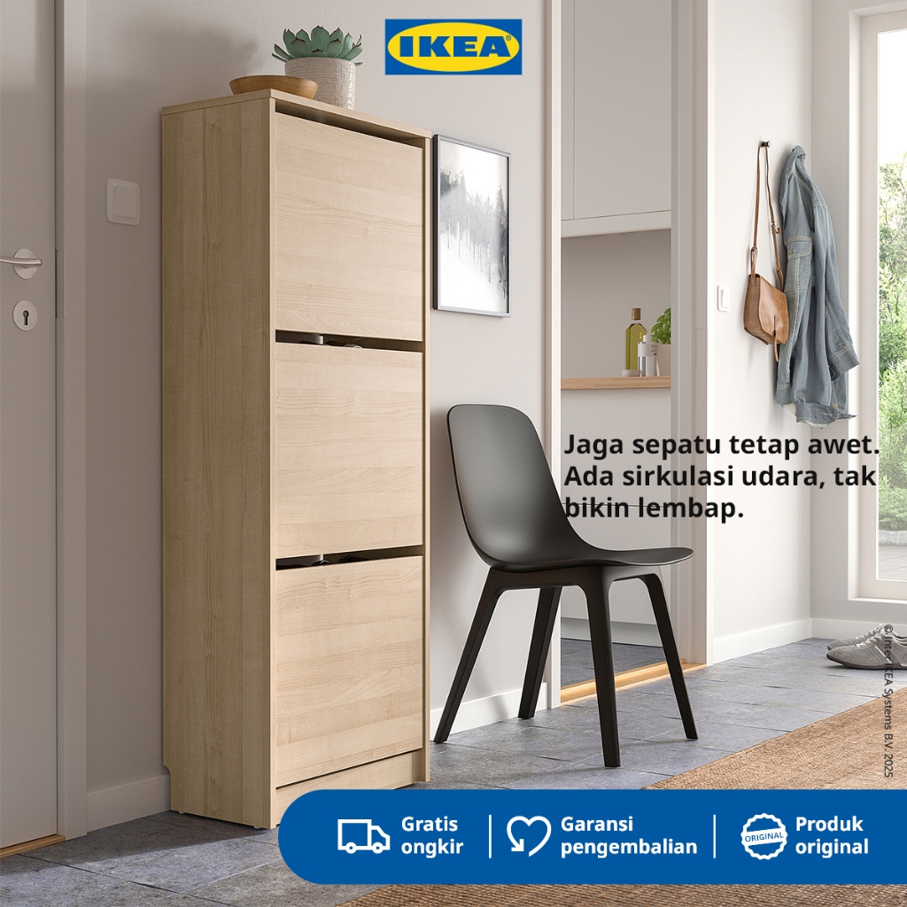 IKEA BISSA Rak Kabinet Sepatu Dengan 3 Kompartmen Minimalis Efek Kayu Oak 49x28x135 cm