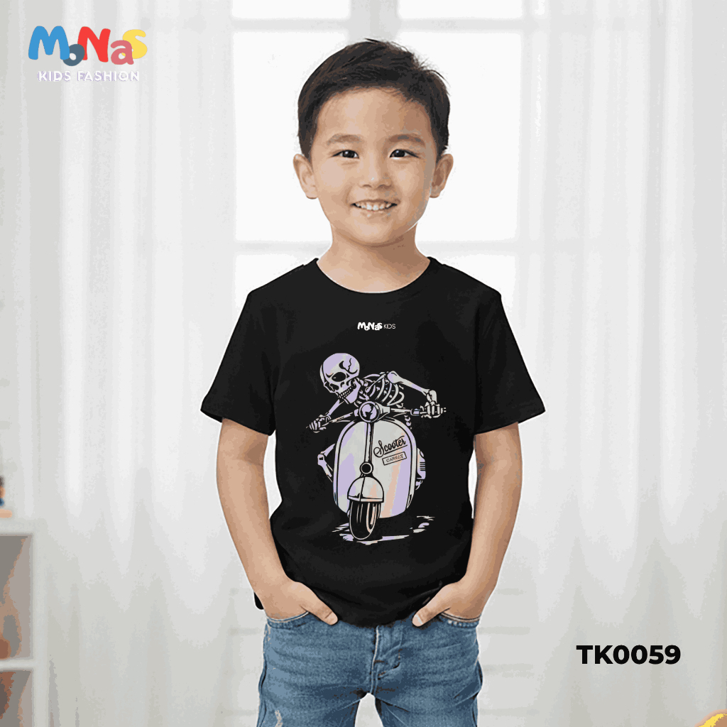 MonasKid - Scooter Garage Tengkorak Hologram Kaos Anak Laki Laki Usia 1 - 16 Tahun Nanggung Bahan Ka