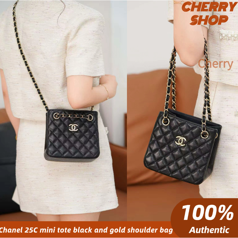 Chanel 25C mini tote black and gold shoulder bag / Tas selempang mini Chanel 25C hitam dan emas