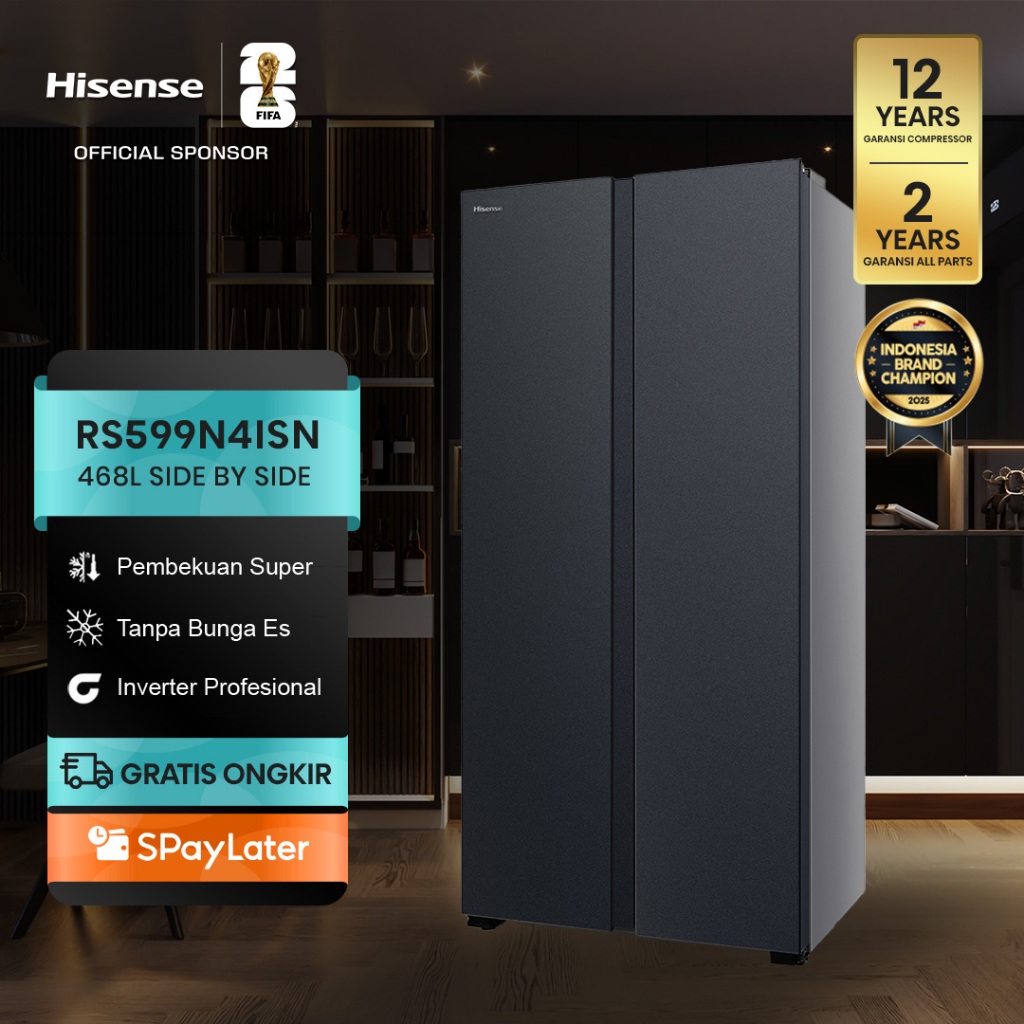 Hisense Kulkas RS599N4ISN Refrigerator Side By Side Kapasitas 468L Warna Abu Inverter Pro Tanpa Bung