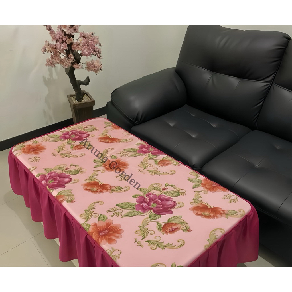 Taplak Meja Floral Pink Cantik Elegan Rumbai Satin - Cover Meja Ruang Tamu Mewah